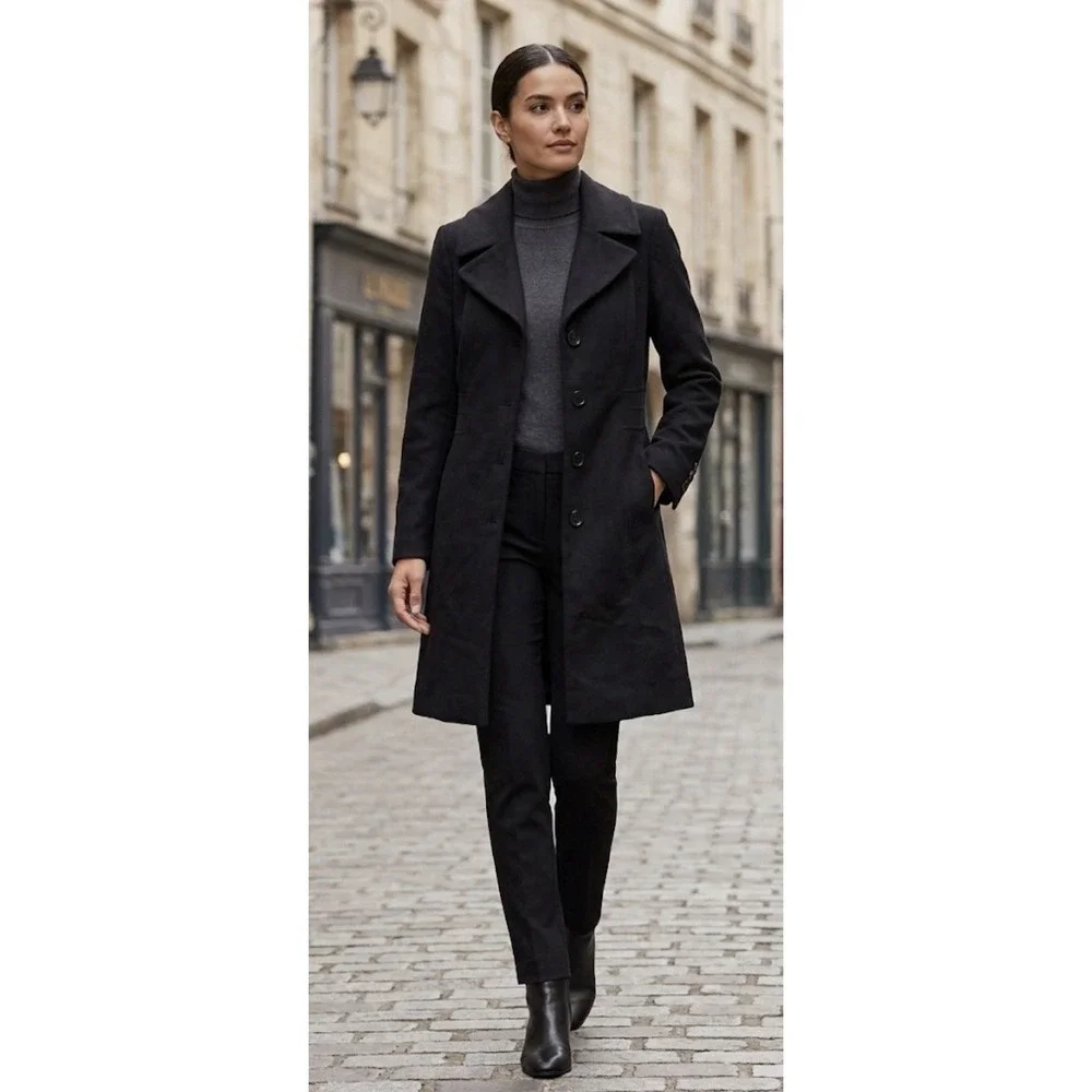 Anne Klein Black Wool CASHMERE Blend Coat Women's Size 4 Classic Tailored Long